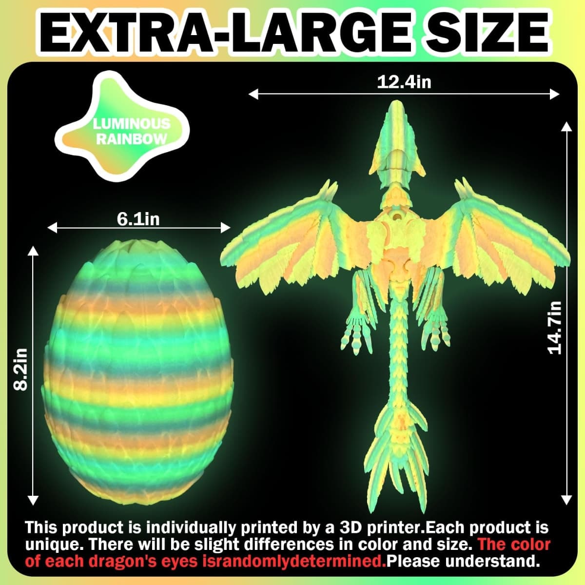 Extra Large Dynamic 3D Printed Glow in The Dark Dragon Egg with Dragon Inside，Open and Close Mouth with Wings Movable and Eyes, Feathered Wyvern Articulated Crystal Flying Fidget Bird Animals ( LR) thumbnail 3