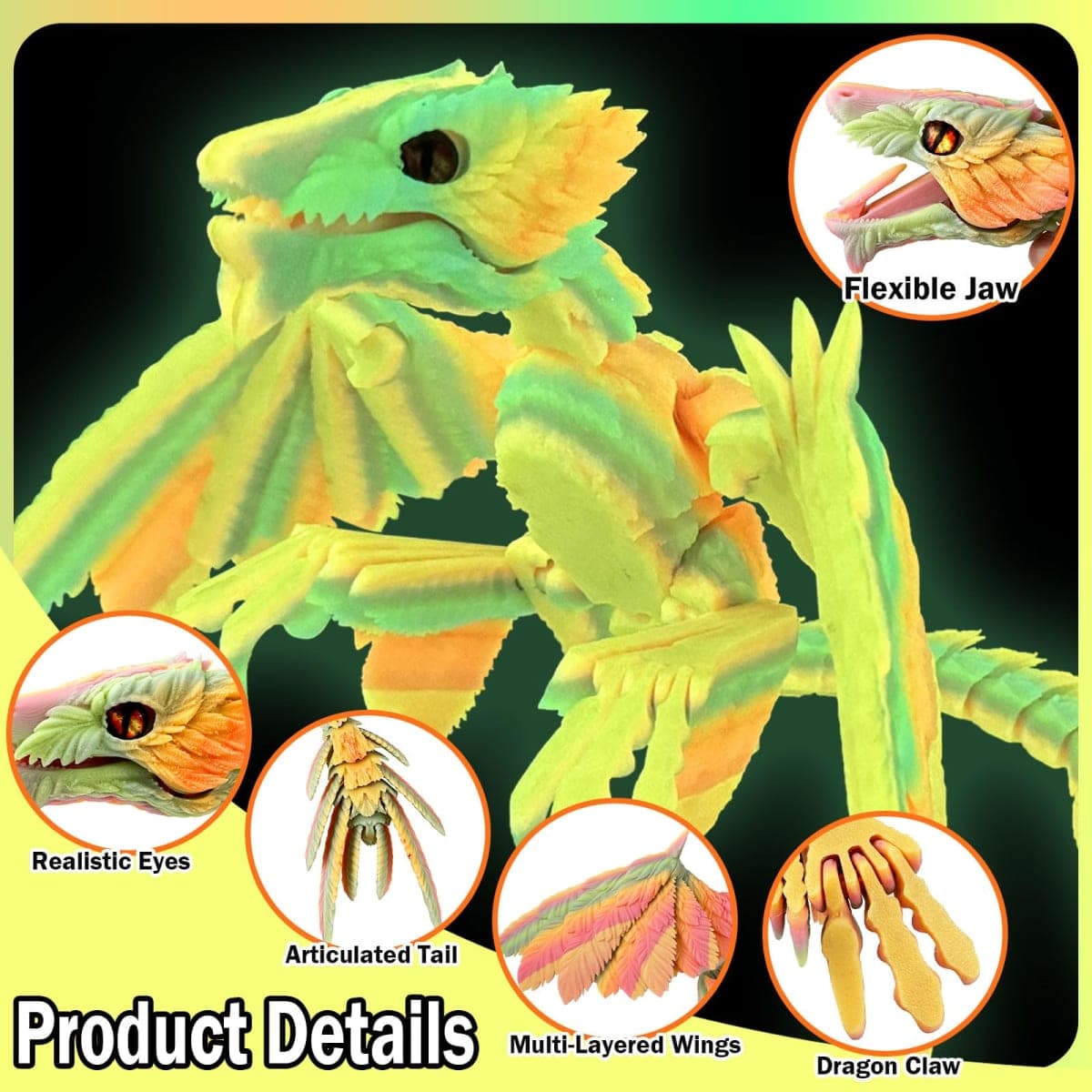 Extra Large Dynamic 3D Printed Glow in The Dark Dragon Egg with Dragon Inside，Open and Close Mouth with Wings Movable and Eyes, Feathered Wyvern Articulated Crystal Flying Fidget Bird Animals ( LR) thumbnail 4
