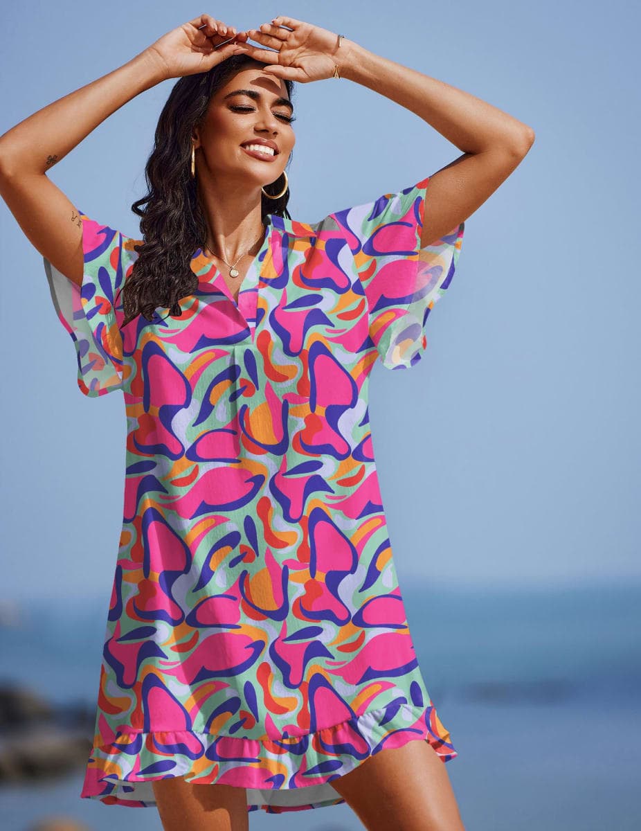 AI'MAGE Womens Swimsuit Coverup Short Sleeve Beach Bathing Suit Cover Up Swimwear Flowy Ruffle Bikini Dress Shirt, Color Blocks Abstract, Large thumbnail 2