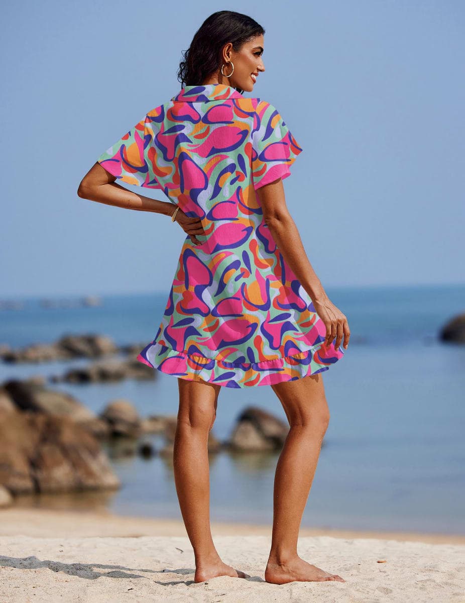 AI'MAGE Womens Swimsuit Coverup Short Sleeve Beach Bathing Suit Cover Up Swimwear Flowy Ruffle Bikini Dress Shirt, Color Blocks Abstract, Large thumbnail 3