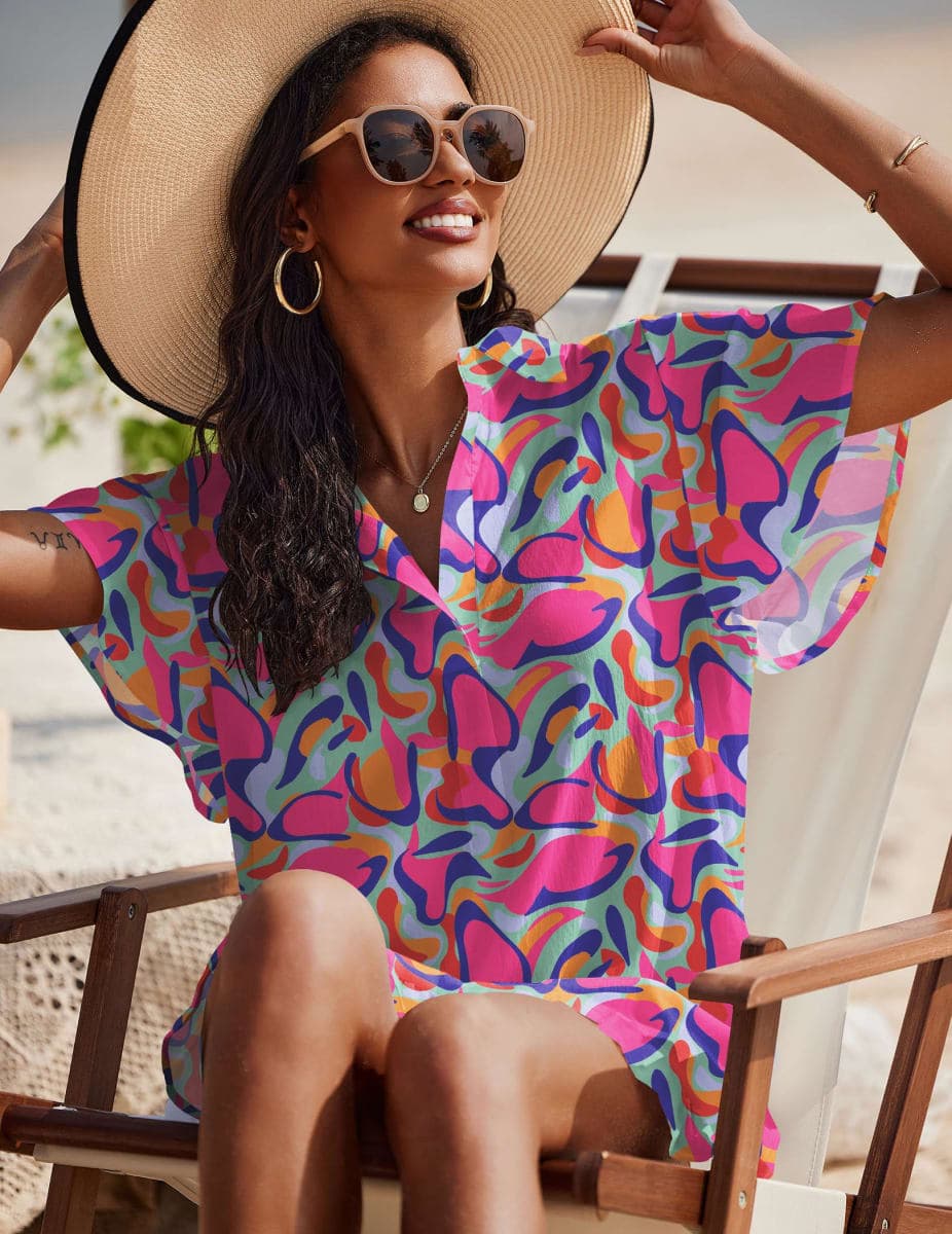 AI'MAGE Womens Swimsuit Coverup Short Sleeve Beach Bathing Suit Cover Up Swimwear Flowy Ruffle Bikini Dress Shirt, Color Blocks Abstract, Large thumbnail 4