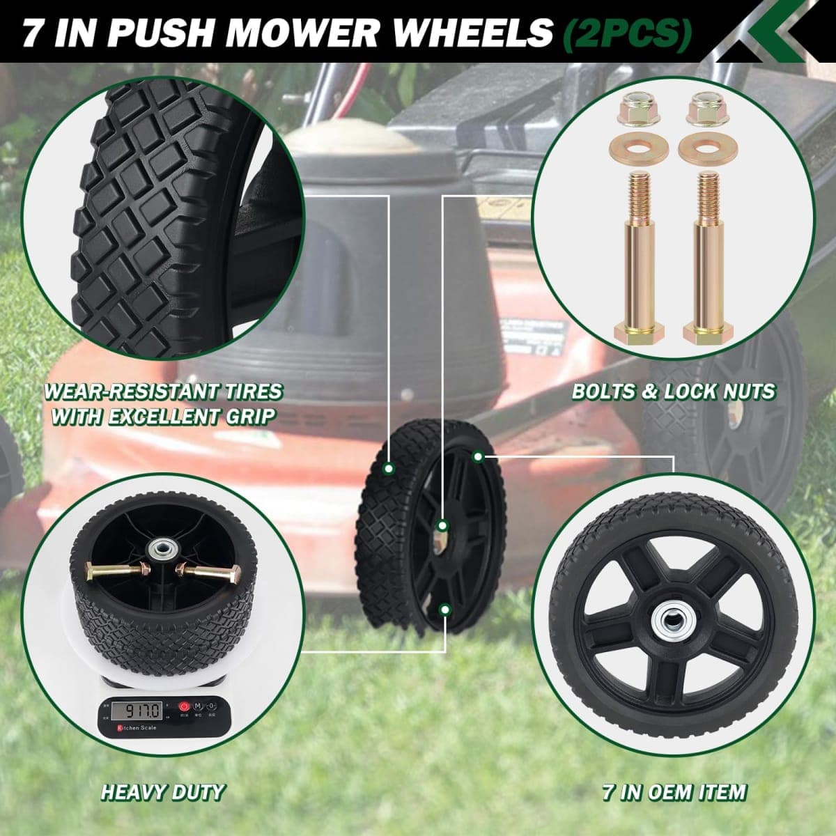 CheeMuii 7 Inch Lawn Mower Wheels 2 Pack 7" Push Mower Wheels with Bolts Gaskets and Lock Nuts Kit Fit for Most Standard push Lawn Mowers/Generator/Garden Tiller/Handtruck thumbnail 2
