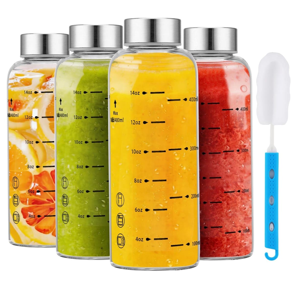 chunmo Glass Juice Bottles 4 Pack 16 oz - Borosilicate Glass Water Bottles with Lids - Stainless Steel Lids – Heat-Resistant, BPA Free, Leakproof for Juicing, Smoothies, Milk, Infused Water — image 1
