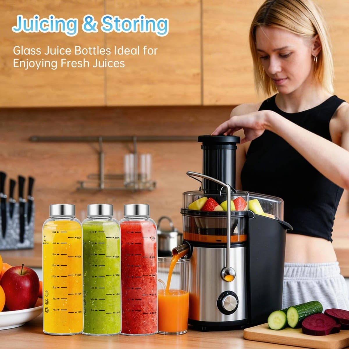 chunmo Glass Juice Bottles 4 Pack 16 oz - Borosilicate Glass Water Bottles with Lids - Stainless Steel Lids – Heat-Resistant, BPA Free, Leakproof for Juicing, Smoothies, Milk, Infused Water thumbnail 2