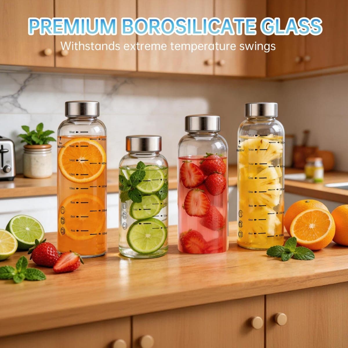 chunmo Glass Juice Bottles 4 Pack 16 oz - Borosilicate Glass Water Bottles with Lids - Stainless Steel Lids – Heat-Resistant, BPA Free, Leakproof for Juicing, Smoothies, Milk, Infused Water thumbnail 5