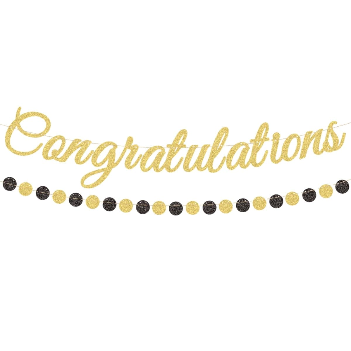 Gold Glitter Congratulations Banner with Black and Gold Circle Garland – Pre-Strung Graduation, Prom Decoration for Class of 2025, Retirement, Engagement, Baby Shower, and Achievement Party Supplies — image 1