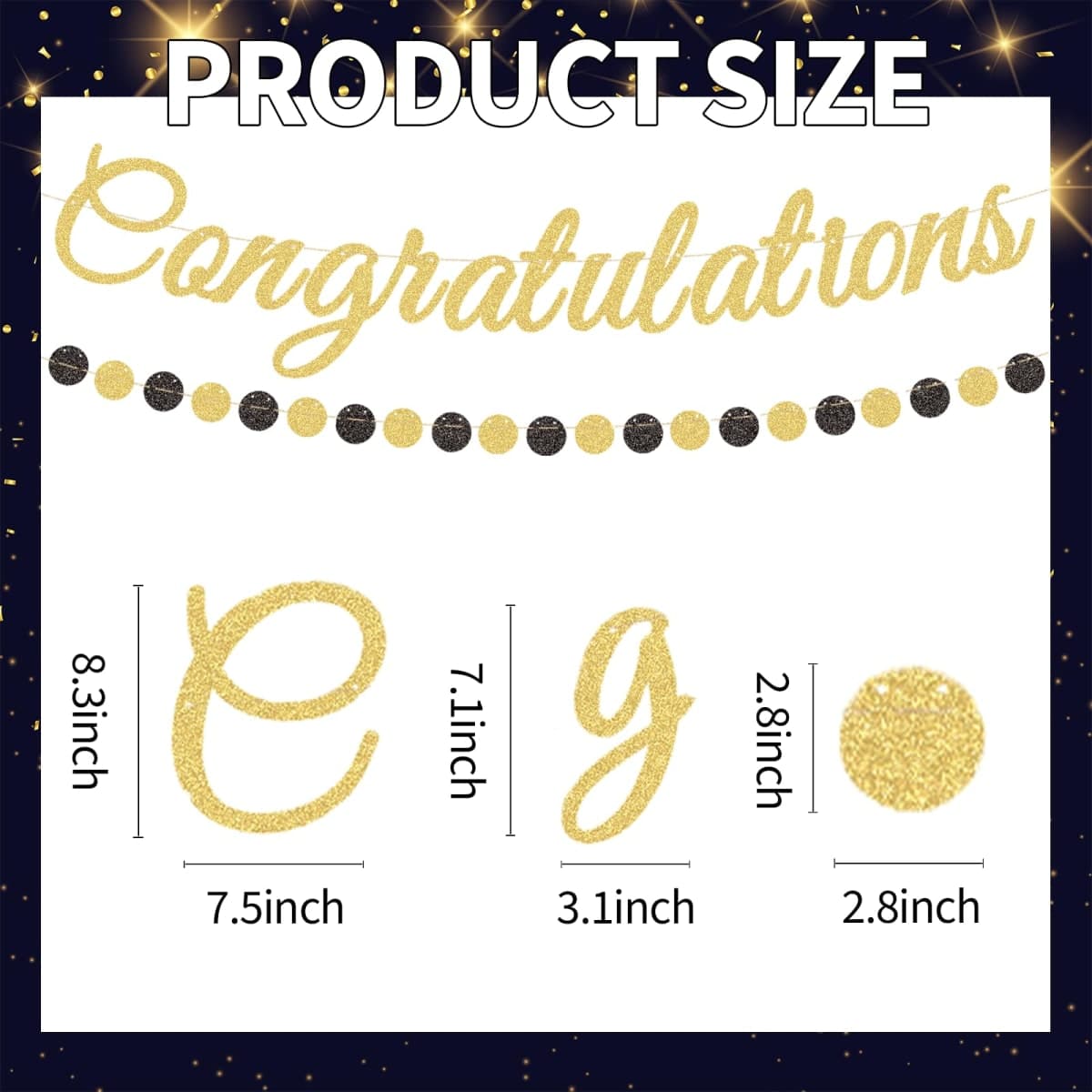Gold Glitter Congratulations Banner with Black and Gold Circle Garland – Pre-Strung Graduation, Prom Decoration for Class of 2025, Retirement, Engagement, Baby Shower, and Achievement Party Supplies thumbnail 2