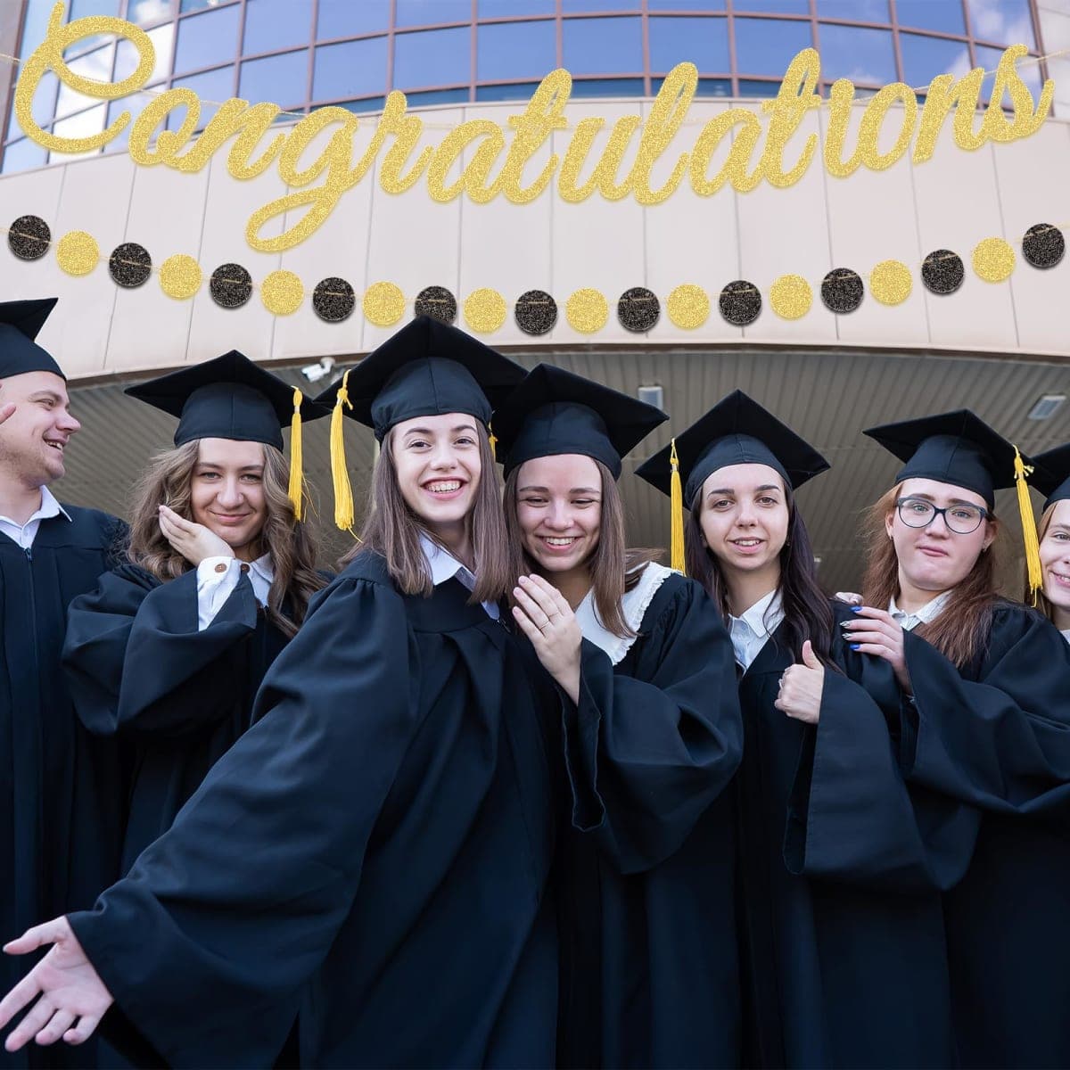 Gold Glitter Congratulations Banner with Black and Gold Circle Garland – Pre-Strung Graduation, Prom Decoration for Class of 2025, Retirement, Engagement, Baby Shower, and Achievement Party Supplies thumbnail 3