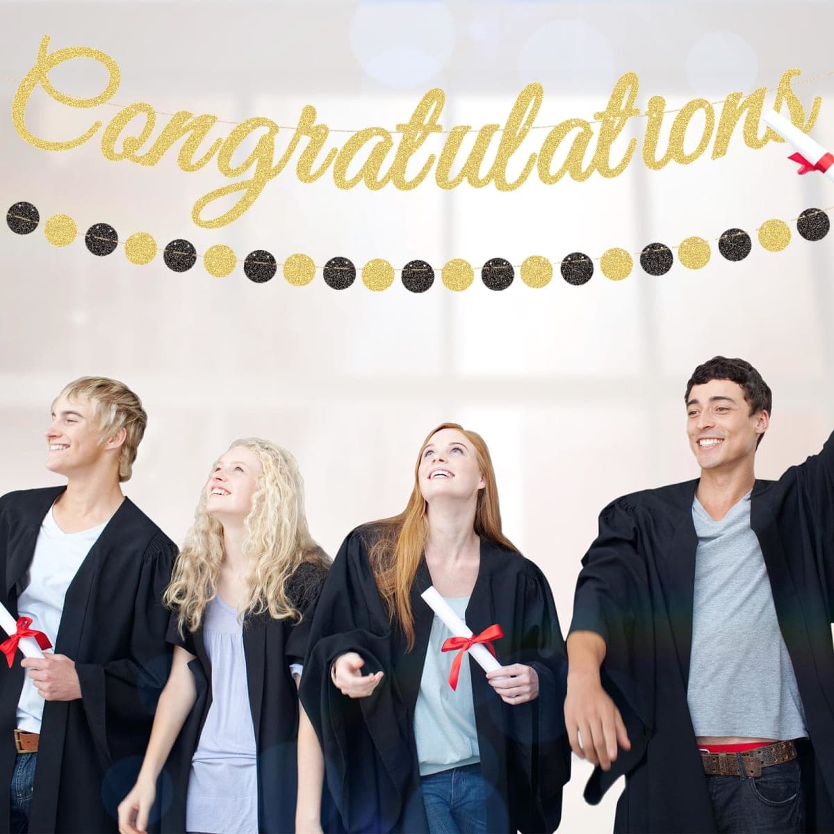 Gold Glitter Congratulations Banner with Black and Gold Circle Garland – Pre-Strung Graduation, Prom Decoration for Class of 2025, Retirement, Engagement, Baby Shower, and Achievement Party Supplies thumbnail 4