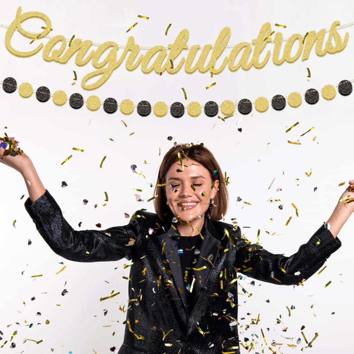 Gold Glitter Congratulations Banner with Black and Gold Circle Garland – Pre-Strung Graduation, Prom Decoration for Class of 2025, Retirement, Engagement, Baby Shower, and Achievement Party Supplies thumbnail 5