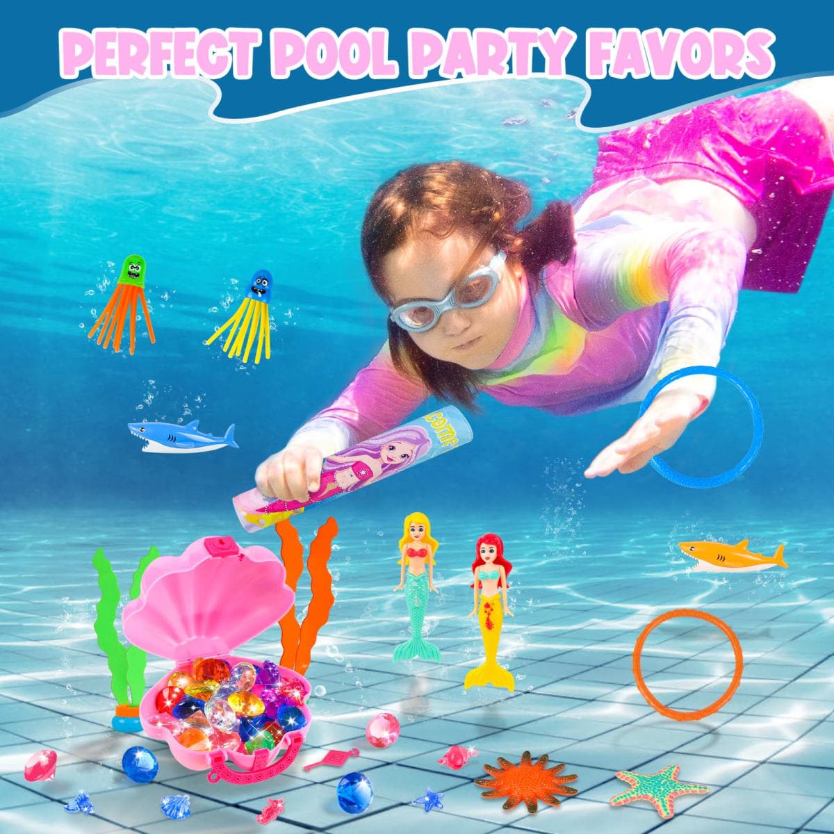 HUUIDY Pool Toys Swimming Diving Toys Set for Kids Upgraded Shell Treasure Chest Pool Mermaid with Storage Bag Pool Game Summer Beach Water Birthday Party Gift (Shell Box) thumbnail 3