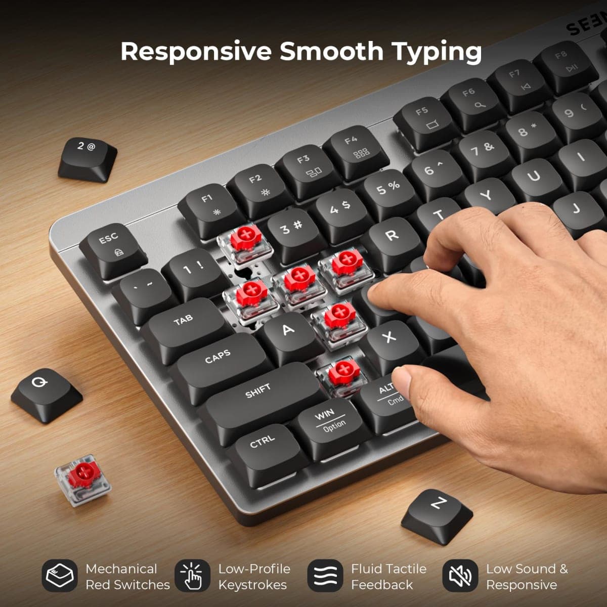 seenda Wireless Mechanical Keyboard and Mouse, CUQ01 USB+Dual BT, Low-Profile Quiet Keys, Rechargeable, Full-Size Bluetooth Keyboard Mouse Compatible for Windows/Laptop/PC/MacBook/Mac, Black Gray thumbnail 3
