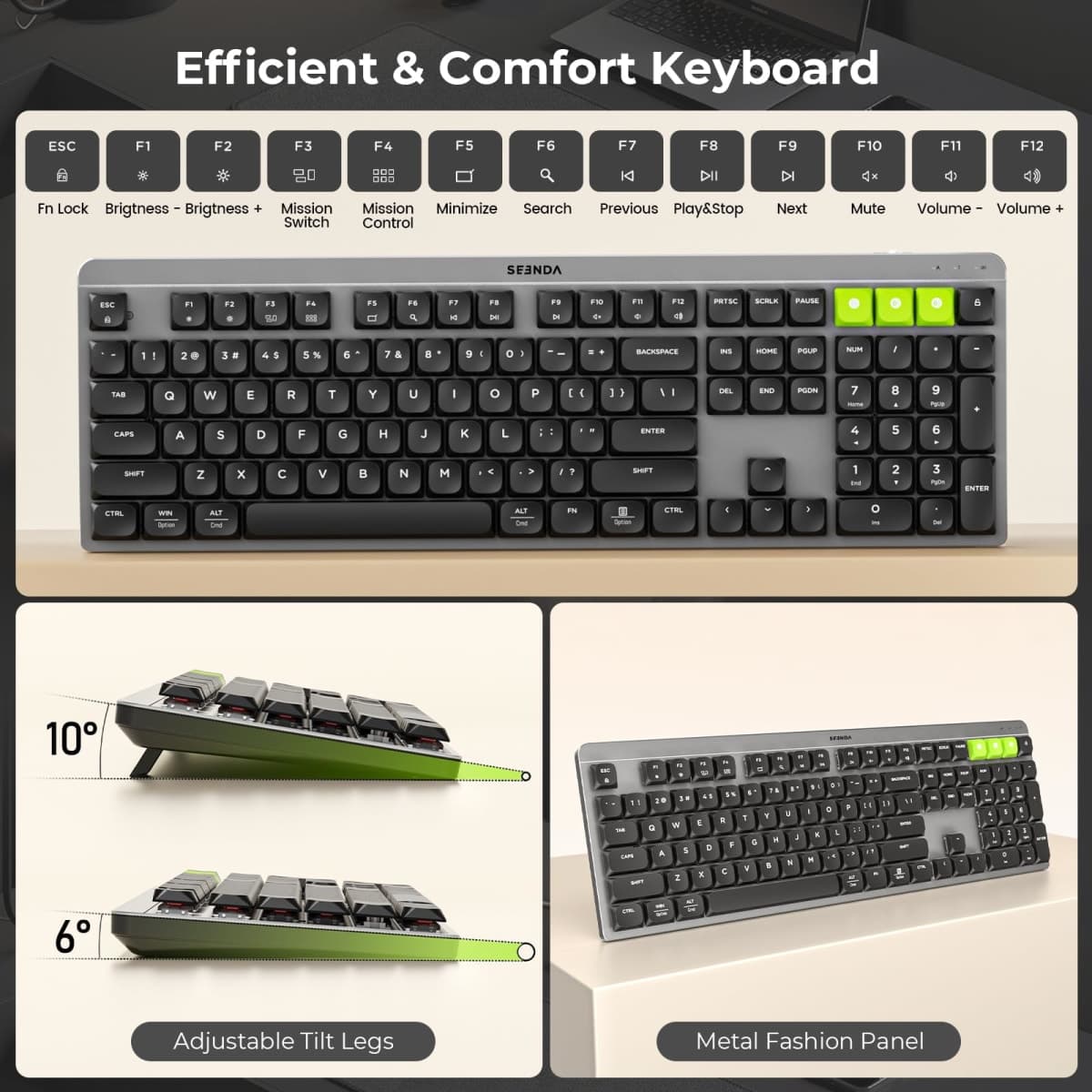seenda Wireless Mechanical Keyboard and Mouse, CUQ01 USB+Dual BT, Low-Profile Quiet Keys, Rechargeable, Full-Size Bluetooth Keyboard Mouse Compatible for Windows/Laptop/PC/MacBook/Mac, Black Gray thumbnail 4