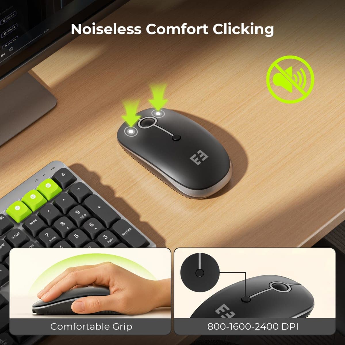 seenda Wireless Mechanical Keyboard and Mouse, CUQ01 USB+Dual BT, Low-Profile Quiet Keys, Rechargeable, Full-Size Bluetooth Keyboard Mouse Compatible for Windows/Laptop/PC/MacBook/Mac, Black Gray thumbnail 5