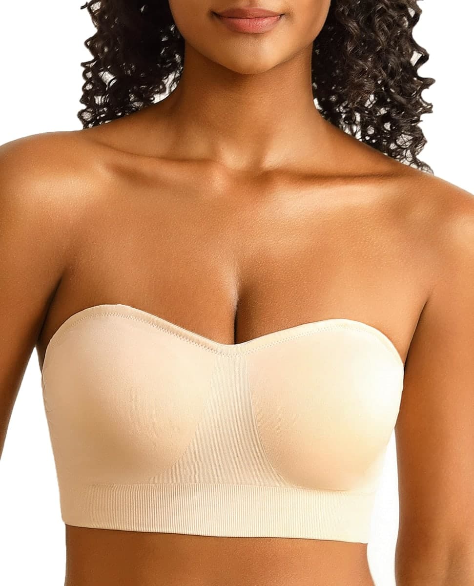 PRETTYWELL Strapless Bra for Women Comfort Non-Slip Seamless Padded Bandeau Bras Wireless Tube Top Bra with Multi-Way Straps Beige thumbnail 2