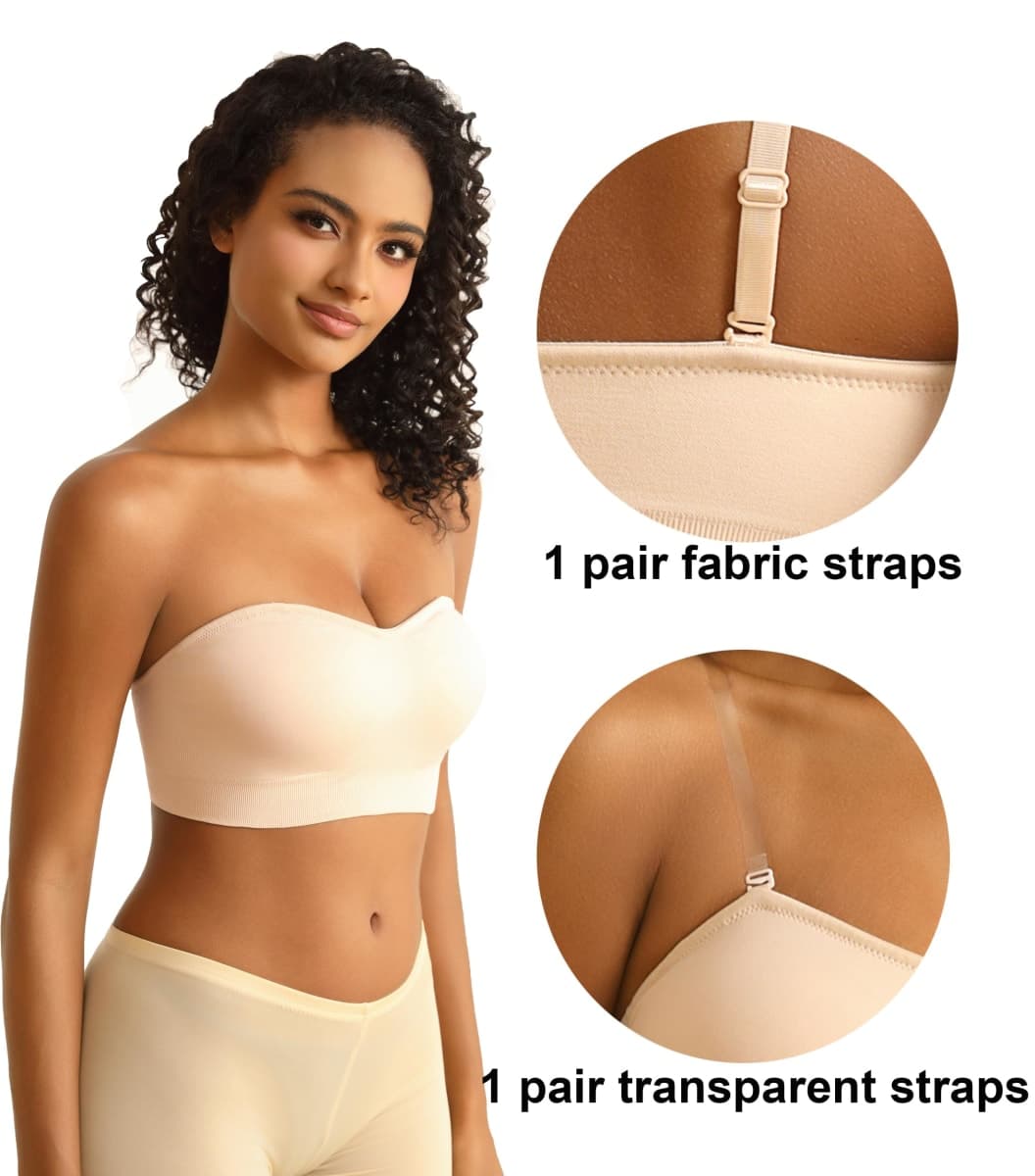 PRETTYWELL Strapless Bra for Women Comfort Non-Slip Seamless Padded Bandeau Bras Wireless Tube Top Bra with Multi-Way Straps Beige thumbnail 3