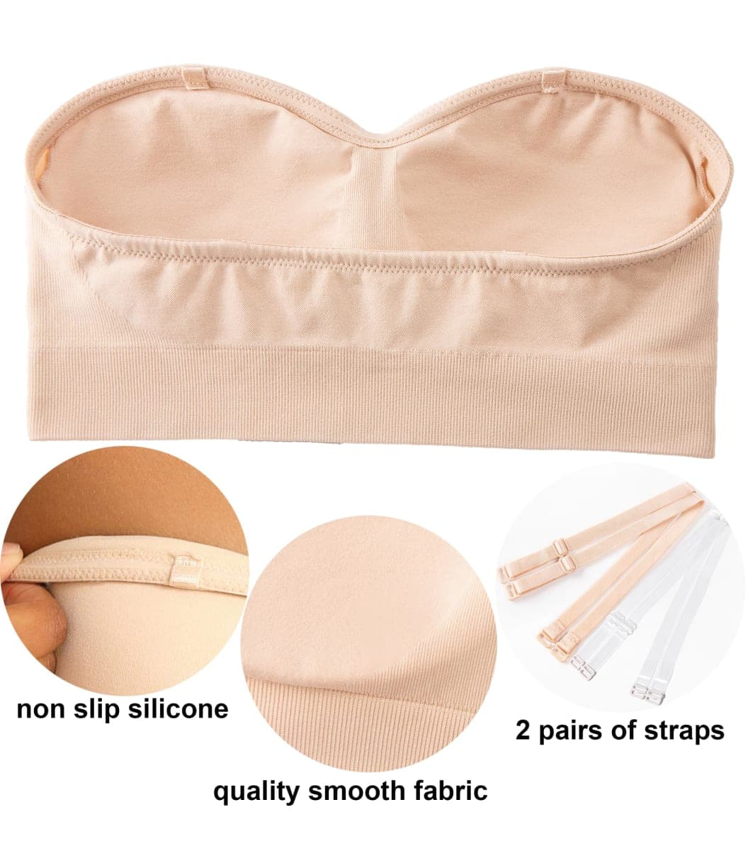 PRETTYWELL Strapless Bra for Women Comfort Non-Slip Seamless Padded Bandeau Bras Wireless Tube Top Bra with Multi-Way Straps Beige thumbnail 4