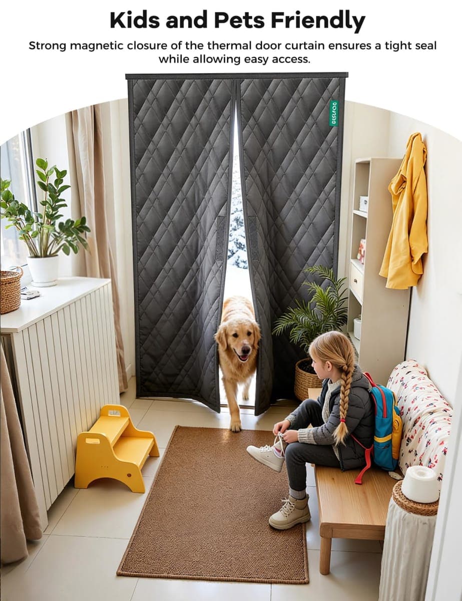 AEOCOO Magnetic Thermal Insulated Door Curtain, Fit Door Size up to 32 x 80 Inches, Sturdy Oxford Fabric Filled with Thick Cotton to Keep Warm Winter, Doorway/Front/Back/Basement, Grey, Diamond thumbnail 3