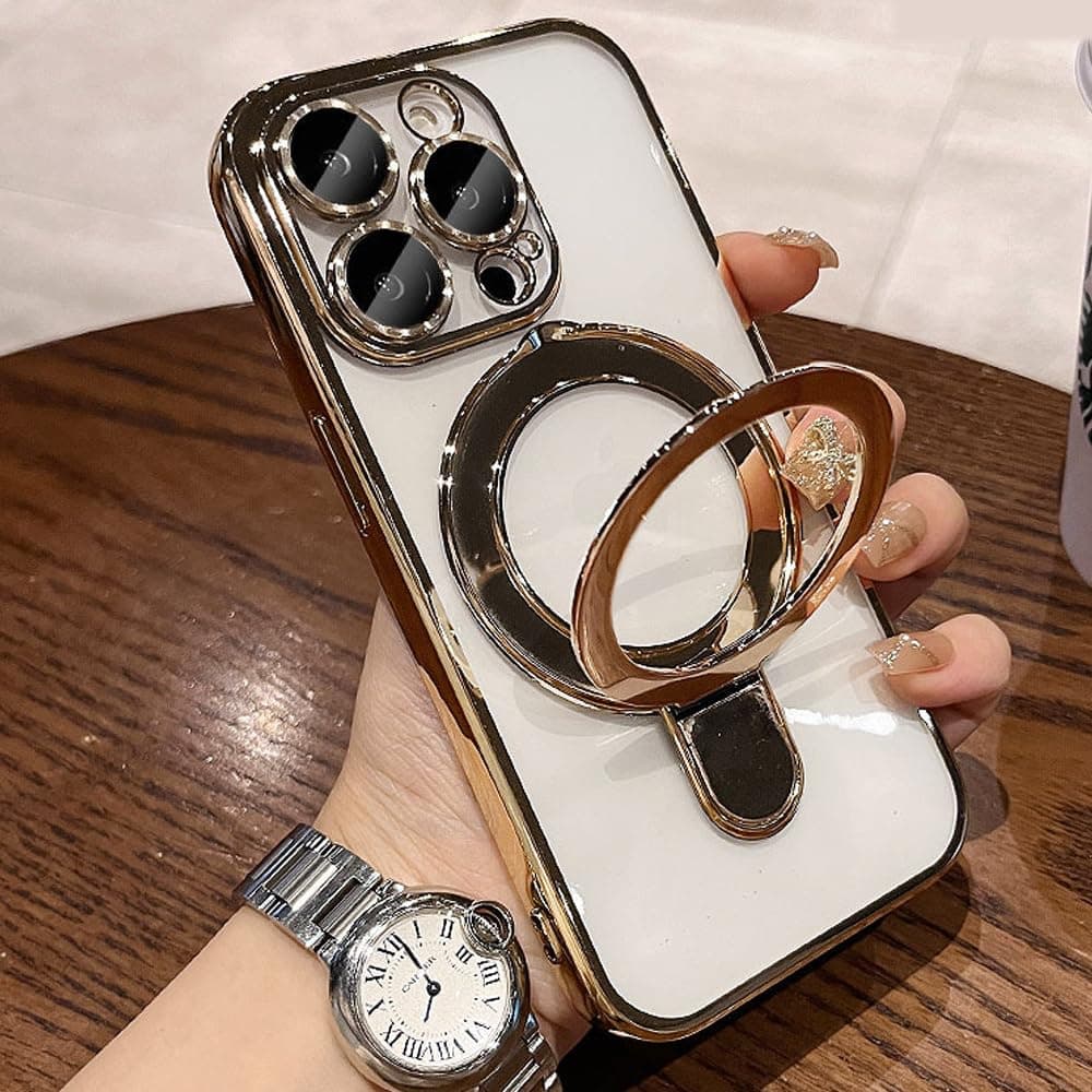 ZinLyuen Magnetic Case for iPhone 14 Plus Case Stand & Ring Holder Compatible with MagSafe Built-in Camera Lens Protector Shockproof Phone Case for iPhone 14 Plus 6.7" - Gold thumbnail 3