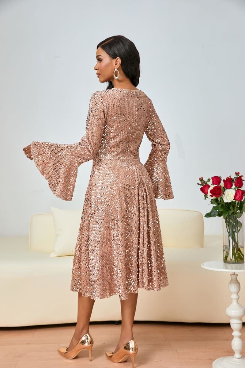 BINXIAD Women's Round Neck Sequin Dress Glitter A Line Dress Sparkly Long Sleeve High Waist Midi Dresses, Camel, XX-Large thumbnail 2
