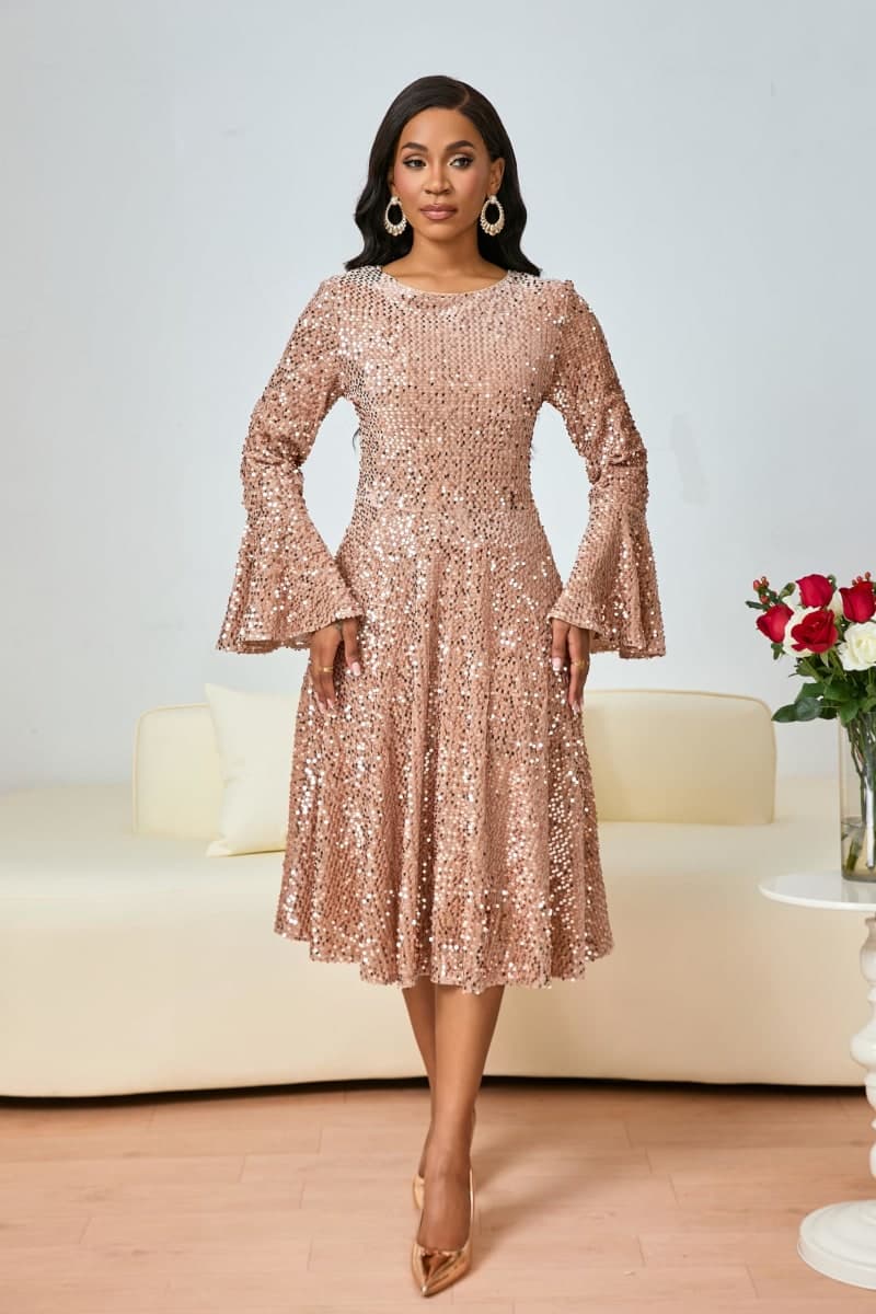 BINXIAD Women's Round Neck Sequin Dress Glitter A Line Dress Sparkly Long Sleeve High Waist Midi Dresses, Camel, XX-Large thumbnail 3