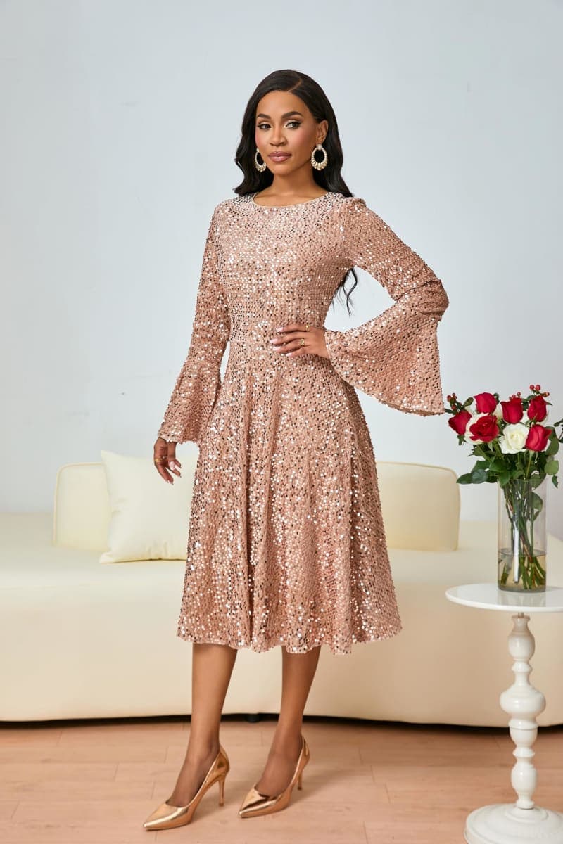 BINXIAD Women's Round Neck Sequin Dress Glitter A Line Dress Sparkly Long Sleeve High Waist Midi Dresses, Camel, XX-Large thumbnail 4