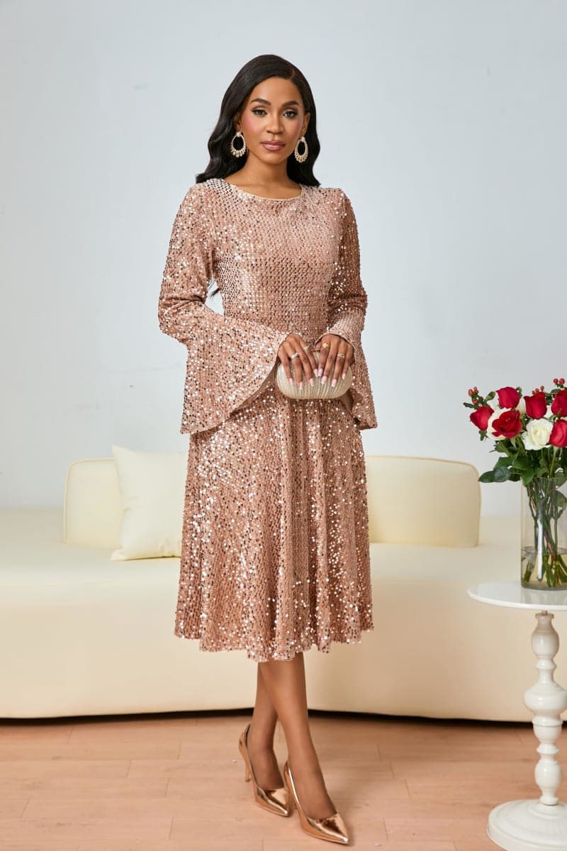 BINXIAD Women's Round Neck Sequin Dress Glitter A Line Dress Sparkly Long Sleeve High Waist Midi Dresses, Camel, XX-Large thumbnail 5