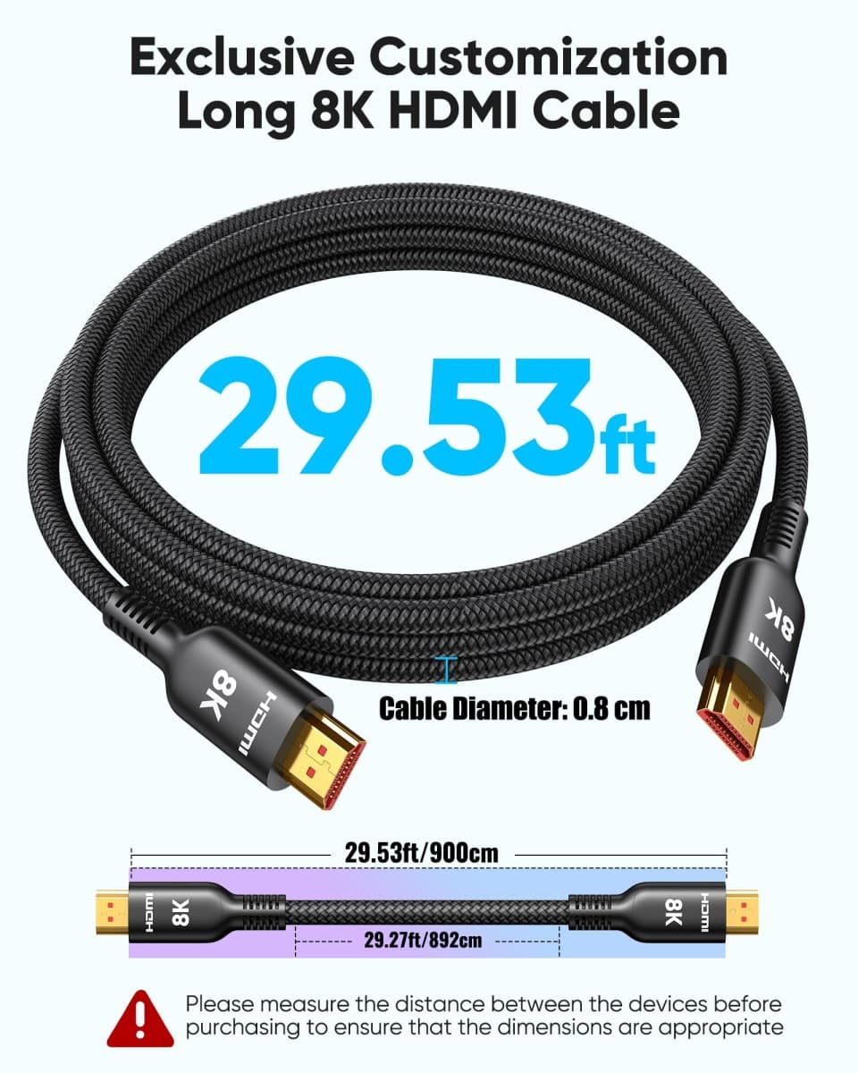 Highwings Long HDMI Cable 30FT, 8K 4K HDMI 2.1 Cord Ultra High Speed[48Gbps 8K@60Hz 4K@120Hz], Heavy Duty, Flexible,Braided, eARC, HDCP 2.2&2.3, HDR 10-Compatible with HDTV,Projector,Monitor and More thumbnail 3