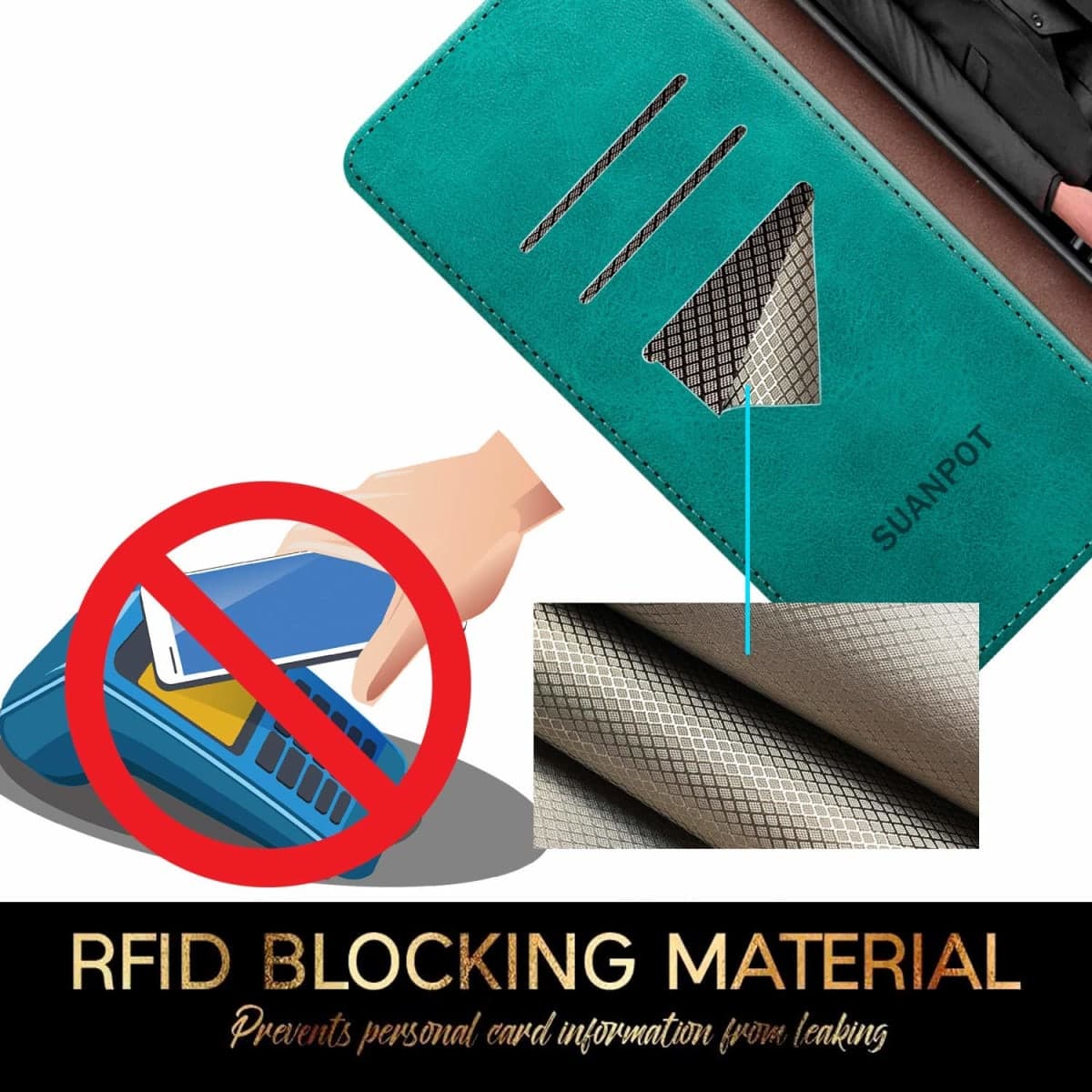 SUANPOT for Samsung Galaxy S10 6.1"(Non S10e) with RFID Blocking Leather Wallet case Credit Card Holder,Flip Folio Book Phone case Shockproof Cover Women Men for Samsung S10 case Wallet (Blue Green) thumbnail 4