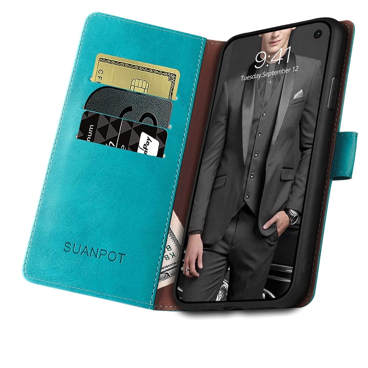 SUANPOT for Samsung Galaxy S10 6.1"(Non S10e) with RFID Blocking Leather Wallet case Credit Card Holder,Flip Folio Book Phone case Shockproof Cover Women Men for Samsung S10 case Wallet (Blue Green) thumbnail 5