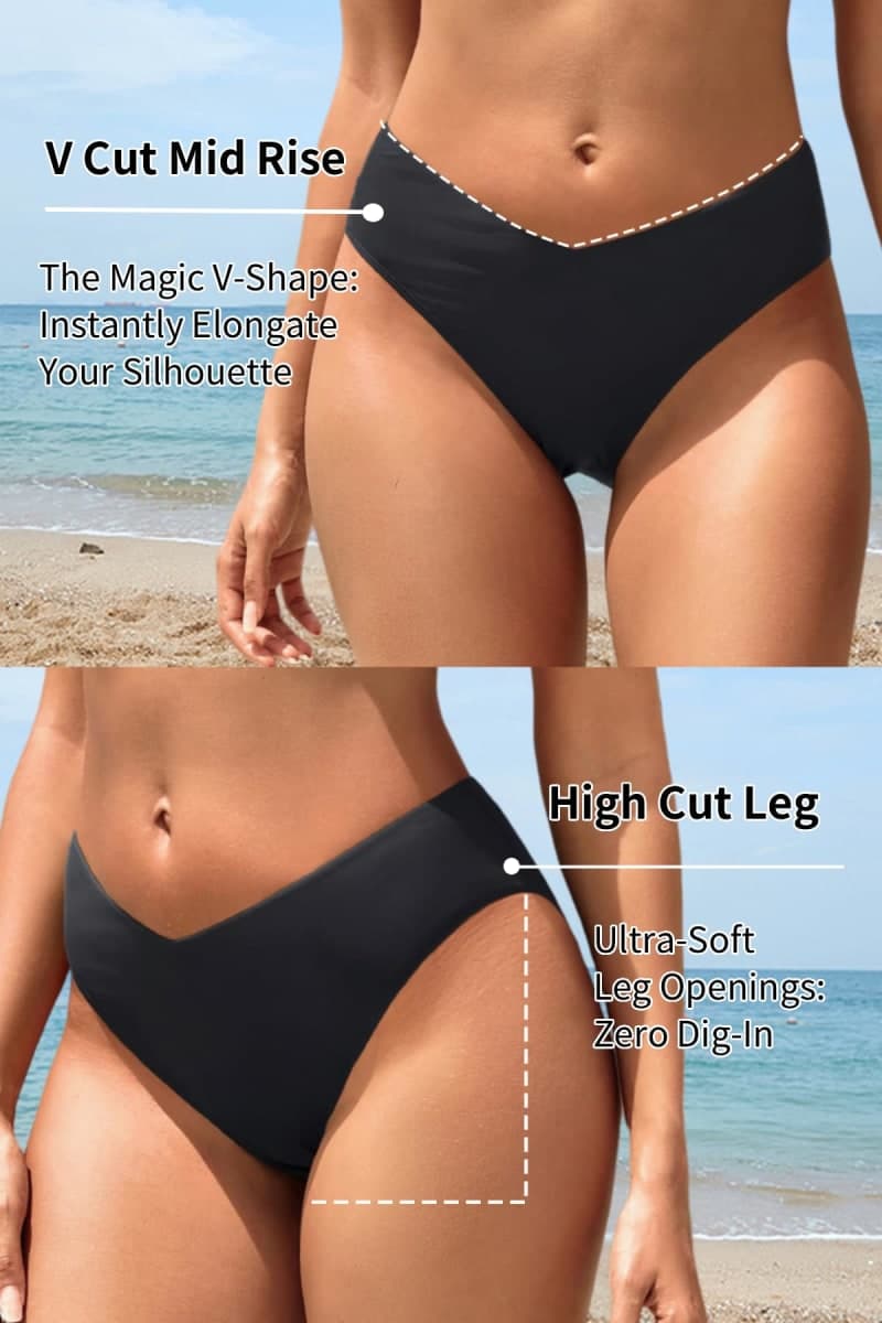 Tempt Me Women Mid Waist Bikini Bottoms - V Cut Front Swim Bottoms High Cut Cheeky Bathing Suit Bottoms Swimsuits, Black, Medium thumbnail 4