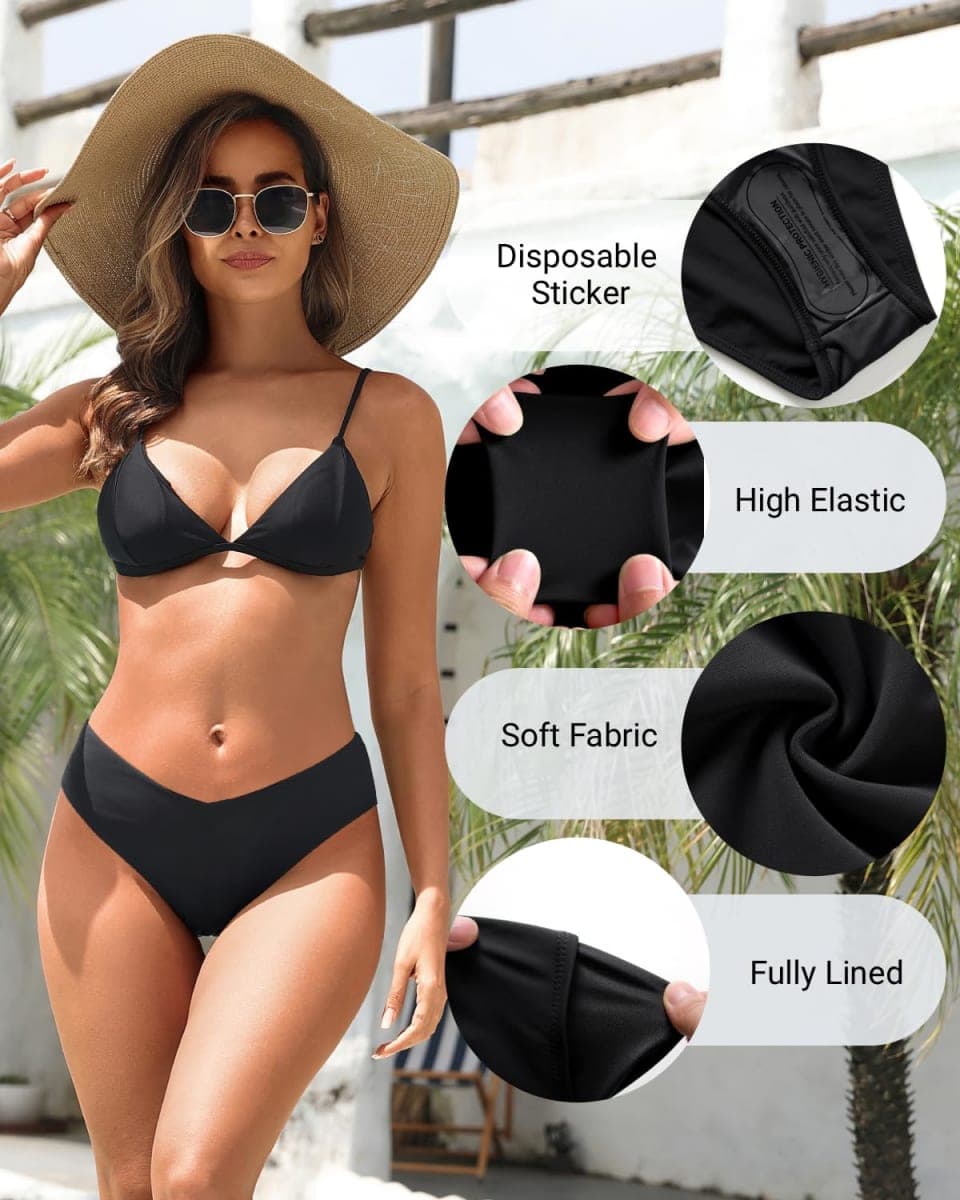 Tempt Me Women Mid Waist Bikini Bottoms - V Cut Front Swim Bottoms High Cut Cheeky Bathing Suit Bottoms Swimsuits, Black, Medium thumbnail 5