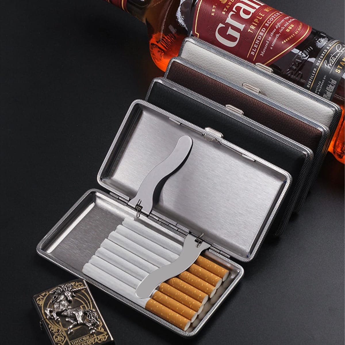 Cigarette Case Stylish Leather Surface Metal Box for 14 Cigarettes Cigarette Box for Men and Women Ideal Gift for Smoker 84mm Regular Size(Black, 120mm) thumbnail 2