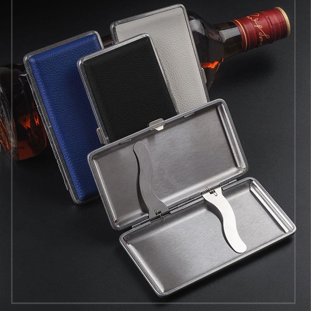 Cigarette Case Stylish Leather Surface Metal Box for 14 Cigarettes Cigarette Box for Men and Women Ideal Gift for Smoker 84mm Regular Size(Black, 120mm) thumbnail 3