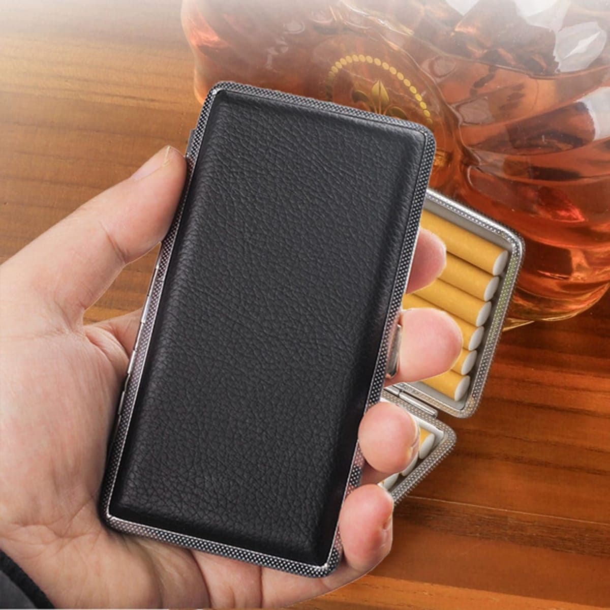 Cigarette Case Stylish Leather Surface Metal Box for 14 Cigarettes Cigarette Box for Men and Women Ideal Gift for Smoker 84mm Regular Size(Black, 120mm) thumbnail 4