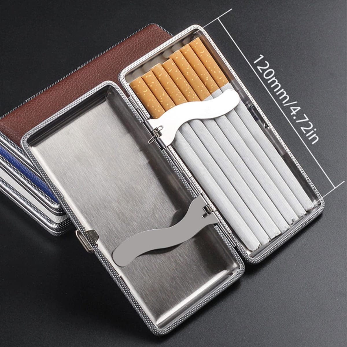Cigarette Case Stylish Leather Surface Metal Box for 14 Cigarettes Cigarette Box for Men and Women Ideal Gift for Smoker 84mm Regular Size(Black, 120mm) thumbnail 5