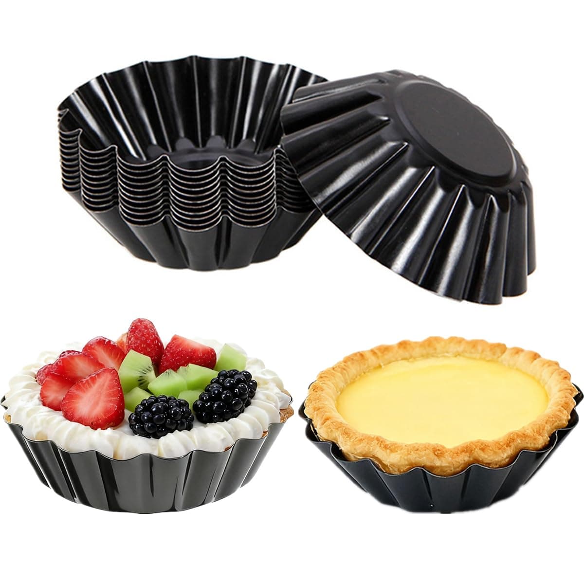 DWWTKL 12-Pack 3 Inch Nonstick Mini Tart Pans Fluted Side for Pies Pan Round Deep Quiche Mold Heavy Duty Carbon Steel Baking Cupcake Egg Tarts Mousse Cakes Fruit and Desserts Molds for Oven — image 1