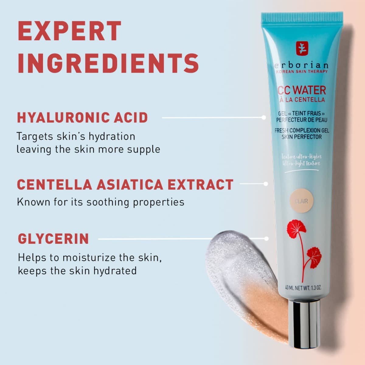 Erborian CC Water with Hyaluronic Acid, Doré - Ultra-Light Aqua Gel Color Corrector with Centella Asiatica & Hyaluronic Acid - Plump, Softer & Hydrated Skin - Korean Skincare Skin Perfector - 0.5 Oz thumbnail 3