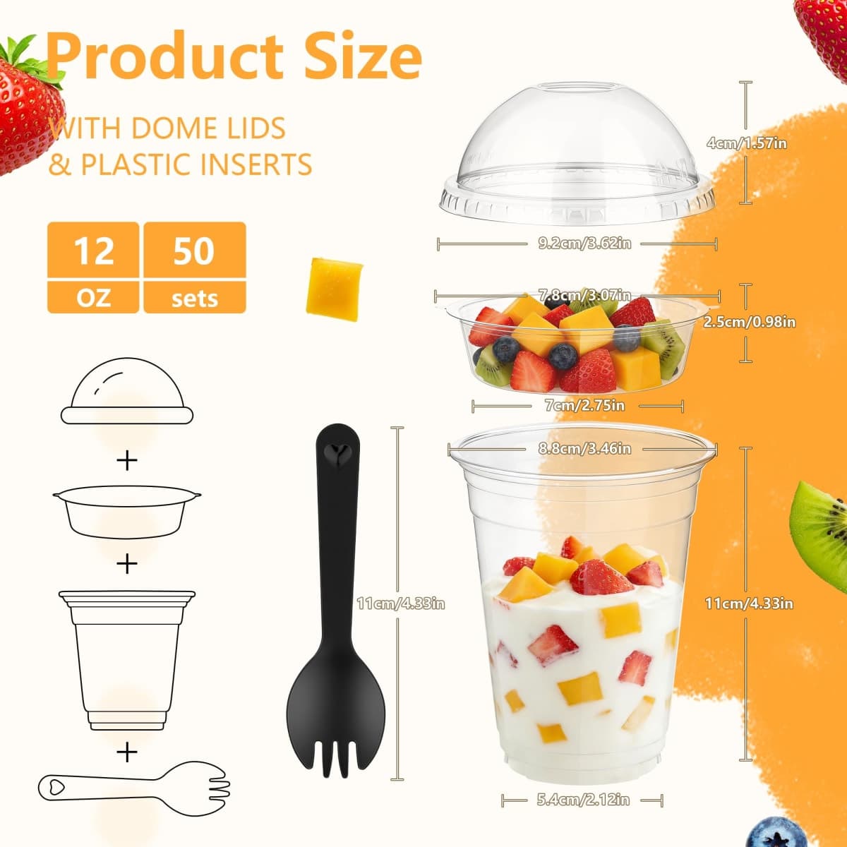DI QIU REN 50PCS 12oz Disposable Parfait Cups with Insert & Dome Lids & Spoons – Yogurt Containers with Lid for Snacks, Dips and Veggies, Breakfast, Dessert Cups with Lids Birthday Holiday Party thumbnail 3