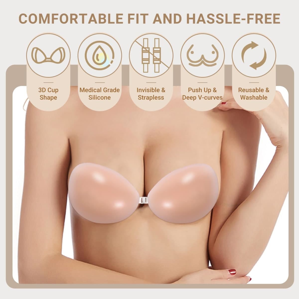 Cbthet Strapless Sticky Bra, Backless Push Up Adhesive Bra for Women, Invisible Silicone Bra with Nipple Covers thumbnail 2