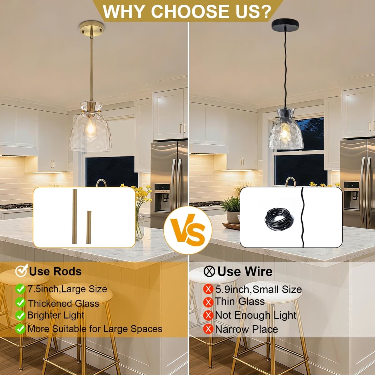 Modern Pendant Lights Kitchen Island, Gold Pendant Light with Hand-Blown Hammered Clear Glass, Hanging Light Fixtures E26 Brass Island Lights for Kitchen Sink Dining Room thumbnail 3