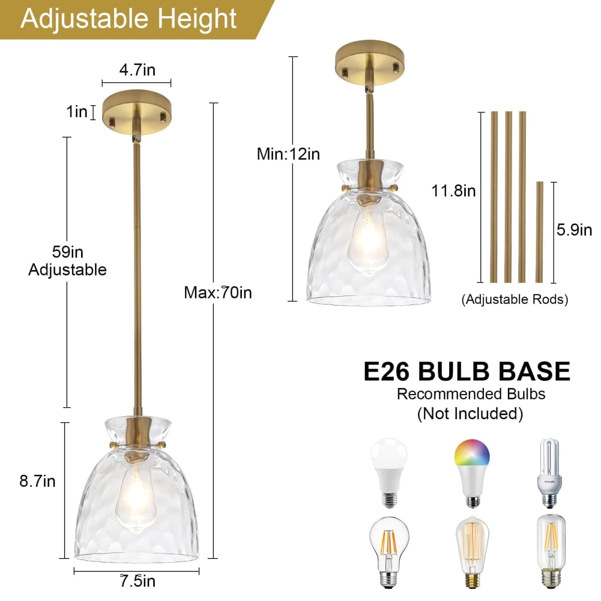 Modern Pendant Lights Kitchen Island, Gold Pendant Light with Hand-Blown Hammered Clear Glass, Hanging Light Fixtures E26 Brass Island Lights for Kitchen Sink Dining Room thumbnail 4