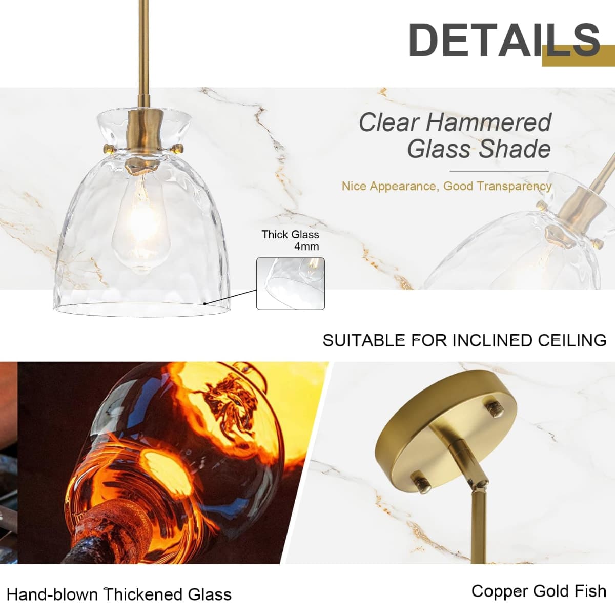 Modern Pendant Lights Kitchen Island, Gold Pendant Light with Hand-Blown Hammered Clear Glass, Hanging Light Fixtures E26 Brass Island Lights for Kitchen Sink Dining Room thumbnail 5