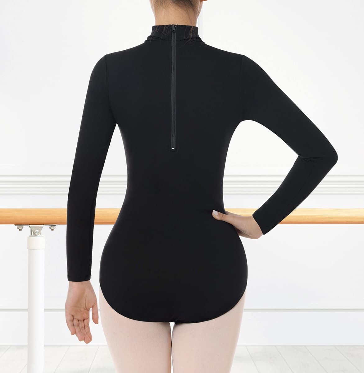 DANSHOW Women Long Sleeve Dance leotards for Ballet Adult lady Train top, Z-turtleneck Black, Large thumbnail 2