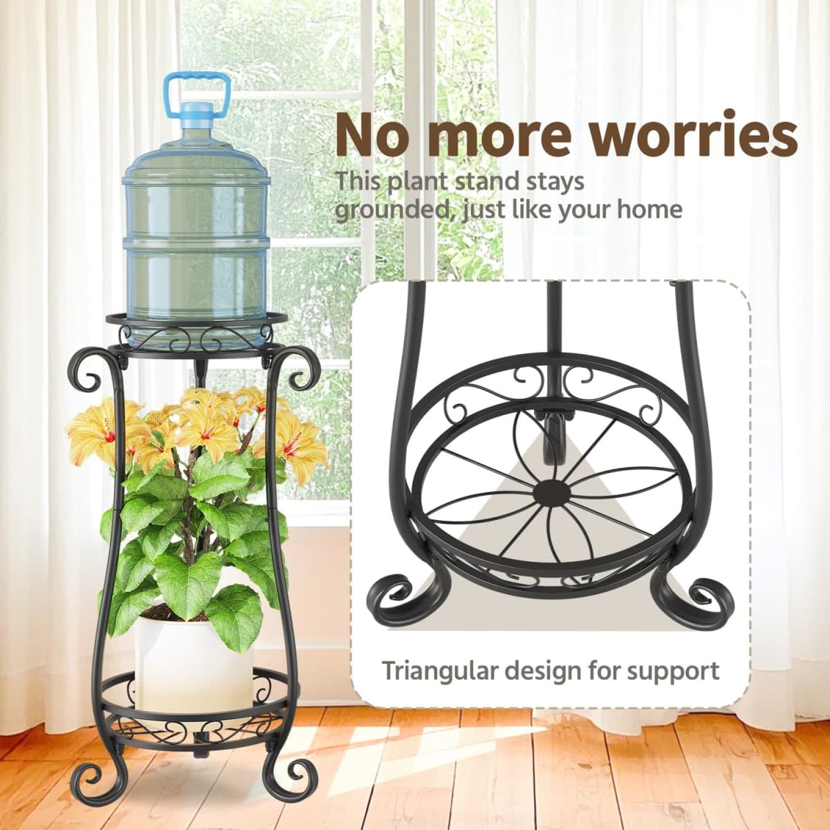 LASZOLA 2 Tier Black Metal Plant Stand Indoor Outdoor with Wheel for Large Planter, Modern Heavy Duty Tall Rolling Rack for Corner House Bathroom Patio Floor, Iron Flower Shelf Holder for Orchid Fern thumbnail 3