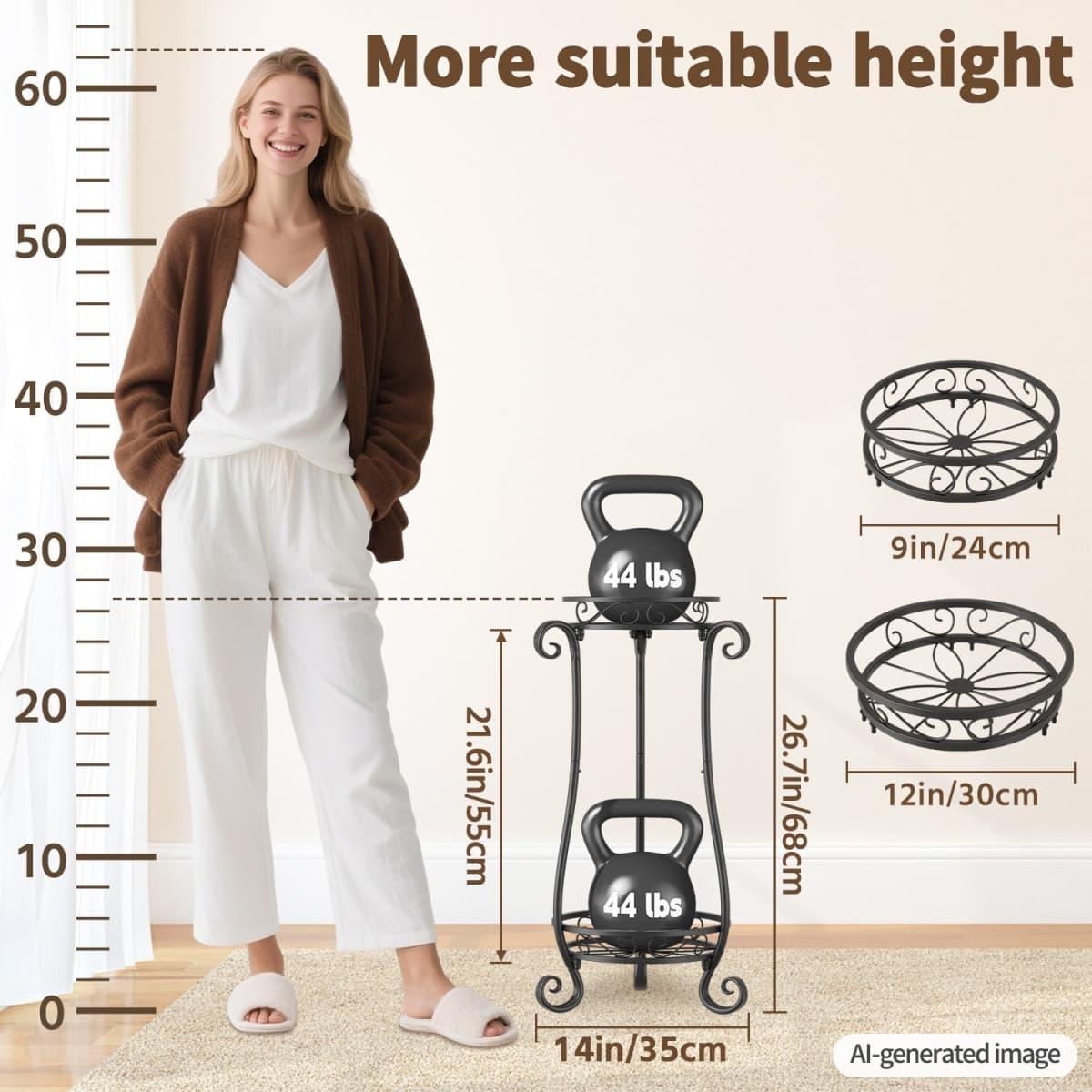 LASZOLA 2 Tier Black Metal Plant Stand Indoor Outdoor with Wheel for Large Planter, Modern Heavy Duty Tall Rolling Rack for Corner House Bathroom Patio Floor, Iron Flower Shelf Holder for Orchid Fern thumbnail 5