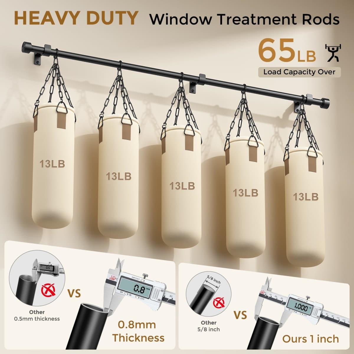 Wolistsa Heavy Duty Curtain Rod 34 to 60 Inch, Black 1 Inch Adjustable Curtain Rods for Windows, Decorative Window Treatment Rods with Modern Solid Aluminum Finials, Easy Installation thumbnail 3