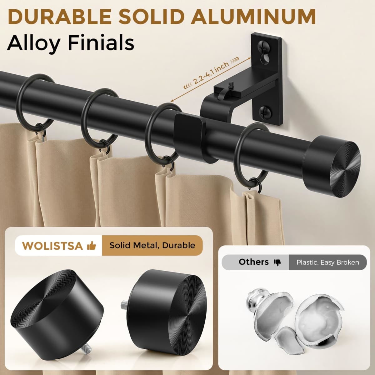 Wolistsa Heavy Duty Curtain Rod 34 to 60 Inch, Black 1 Inch Adjustable Curtain Rods for Windows, Decorative Window Treatment Rods with Modern Solid Aluminum Finials, Easy Installation thumbnail 4
