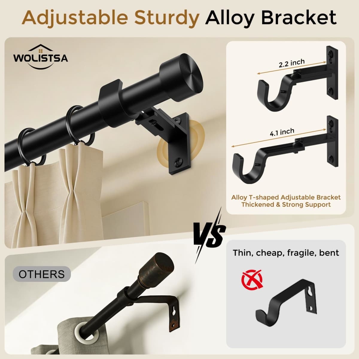 Wolistsa Heavy Duty Curtain Rod 34 to 60 Inch, Black 1 Inch Adjustable Curtain Rods for Windows, Decorative Window Treatment Rods with Modern Solid Aluminum Finials, Easy Installation thumbnail 5