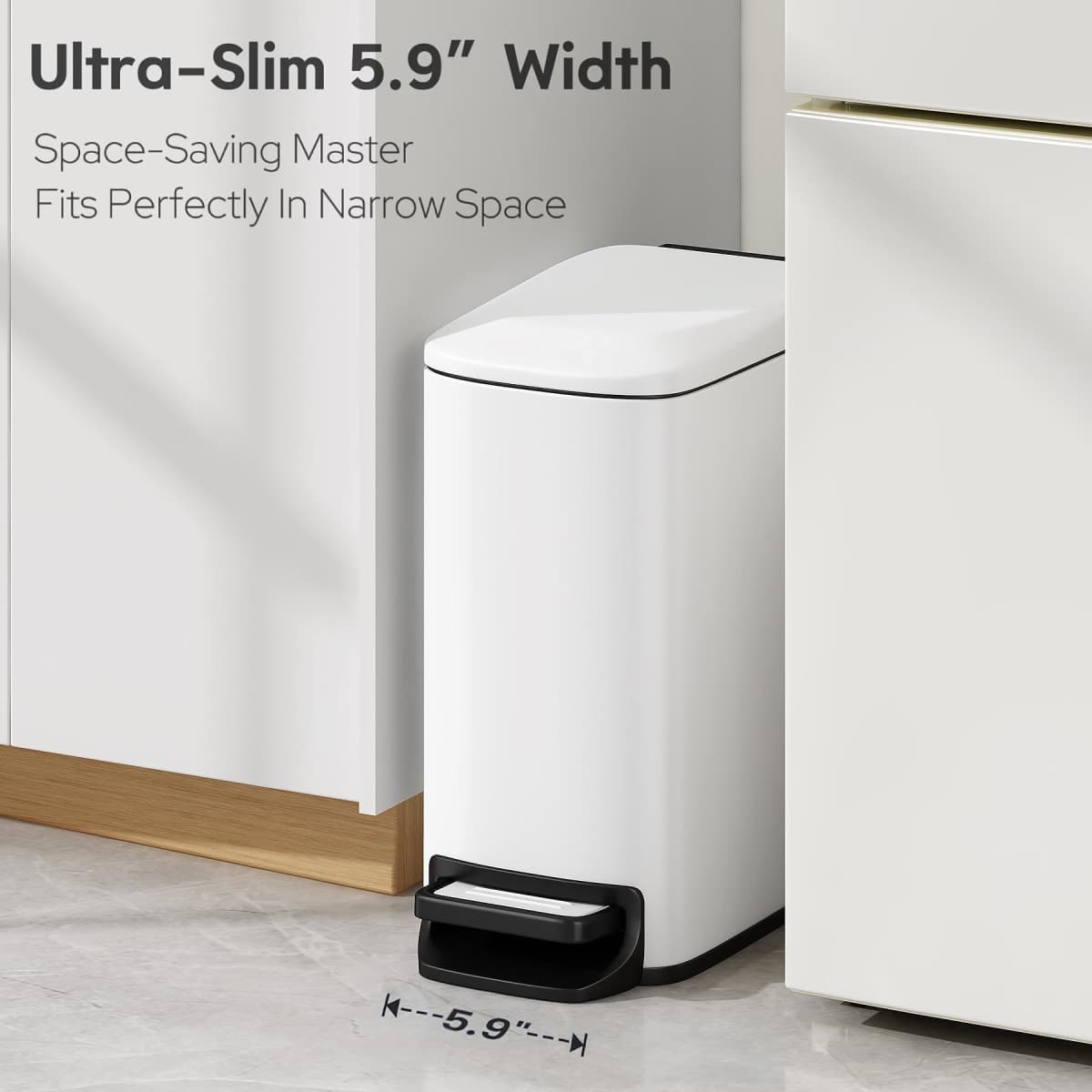 TIPGO Slim Bathroom Trash Can with Lid Soft Close, Step Pedal, 6 Liter / 1.6 Gallon Stainless Steel Garbage Can with Removable Inner Bucket, Anti-Fingerprint Finish (White) thumbnail 2